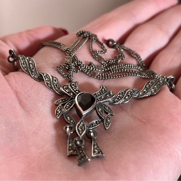 Antique Art Deco 1920's Sterling Silver Marcasite black Onyx Choker necklace - Picture 11 of 17